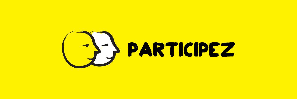 Un bannière jaune avec deux icônes de têtes souriante, avec le texte : participez.